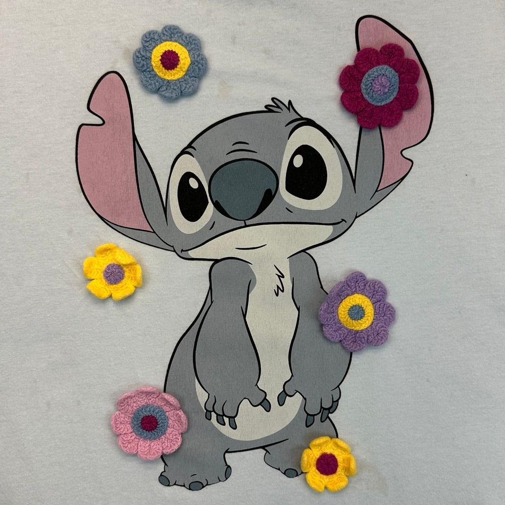 Disney Stitch Light Blue Graphic T-Shirt Crochet Flower 3D‎ Applique Crew Neck